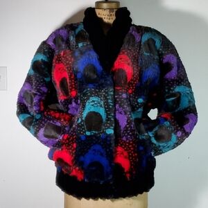 "Frida Kahlo" Size M Genuine Fur Bomber Jacket Rabbit Soft Satin Lined Colorful